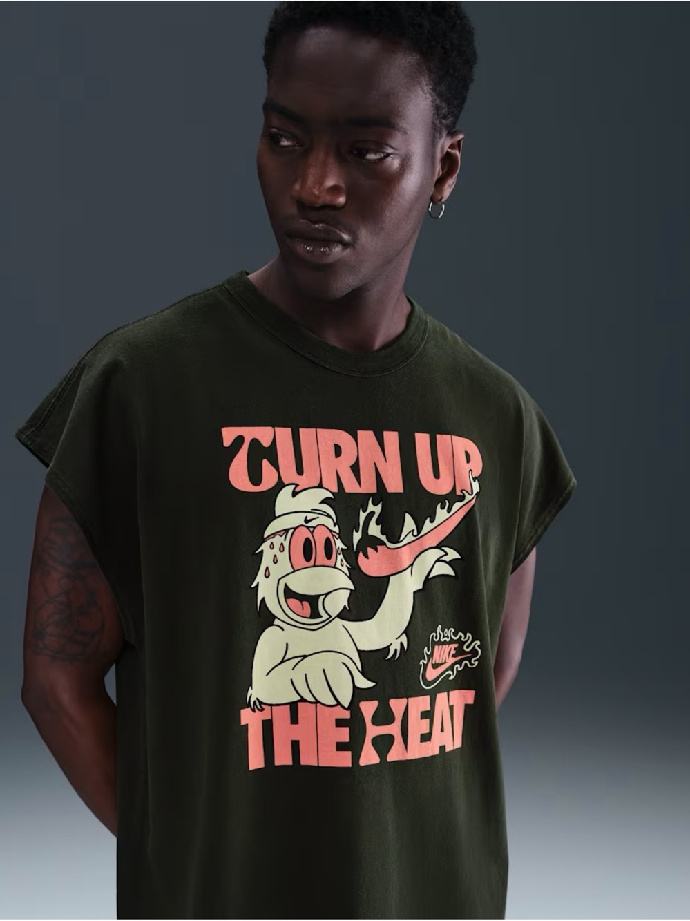Nike Olive Graphic Tank Top with Coral and Cream Print